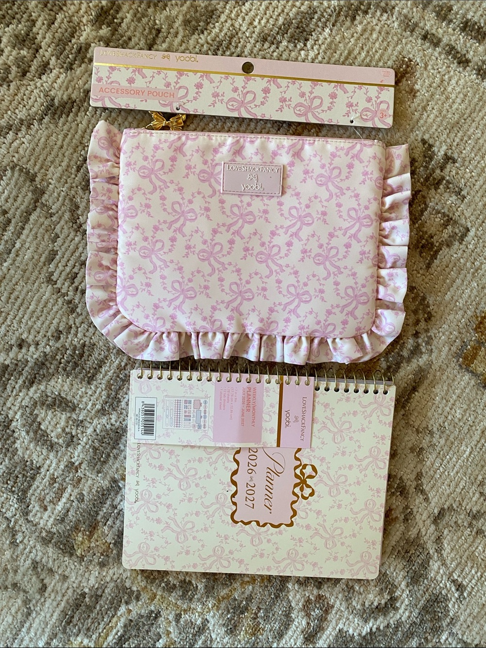 Love shack fancy Yoobi Pink Ruffle Bow Print  Pouch and planner set